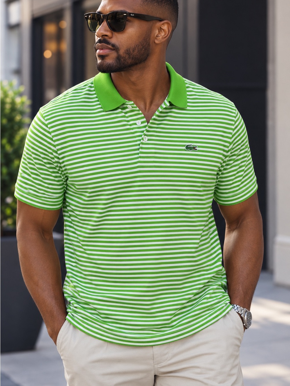 Lacoste Men’s Size 6 XL Green White Striped Polo Shirt 100% Cotton Made in Peru